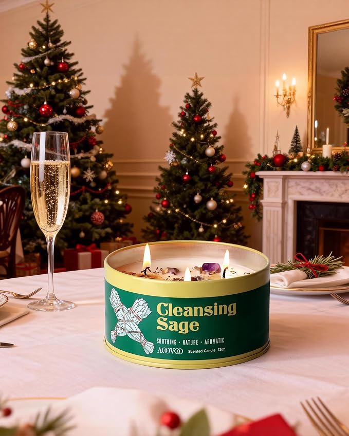 AOOVOO Sage Candle for Cleansing - 3 Wick 12oz Large Scented Candle with Crystals & Sage Leaves Inside, Soy Candles Non Toxic for Meditation Spiritual Gift, Aromatherapy Candle for Women Men