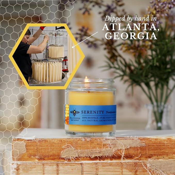 Big Dipper Wax Works Beeswax Aromatherapy Candle, Serenity, Apothecary Glass, Frankincense & Lavender Scented, 25-Hour Burn, Pure Essential Oils, 2" x 2.5"