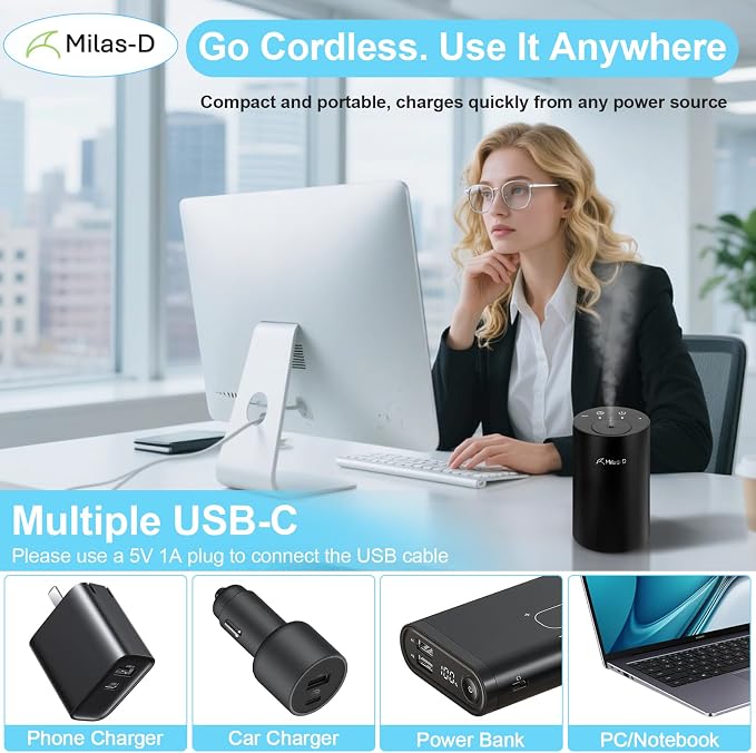 Waterless Essential Oil Diffuser, Battery Operated Nebulizer with 3-Timers & 3 Mist Levels, 0.7 fl.oz./20ml, Mini Scent Air Machine, Home Car Office Studio, Portable & Rechargeable, Milas-D, Black