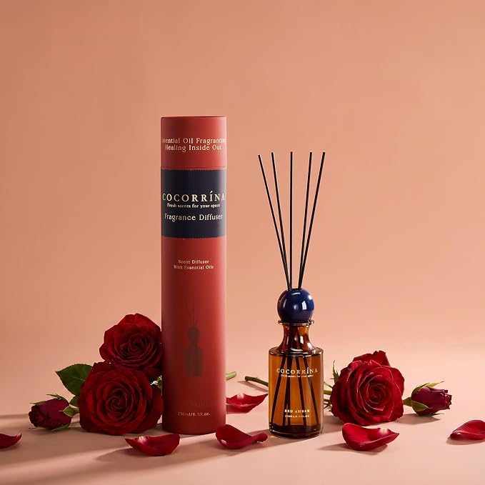COCORRÍNA Red Amber Reed Diffuser 8.5 oz, Home Fragrance Oil Diffuser with 6 Reed Sticks, Long-Lasting Scent for Bathroom, Bedroom & Home Décor
