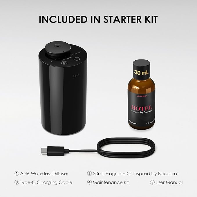Airversa Waterless Essential Oil Diffuser Starter Kit with 30mL Hotel Fragrance Oil Inspired by BaCRT, Battery Operated Car Diffuser, Portable Aroma Nebulizer for Home Car Office, AN6Kit-C, Black