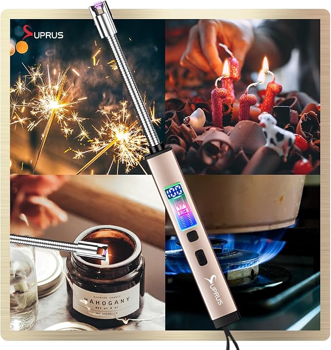 SUPRUS Electric Candle USB Type C Rechargeable 360° Flexible Neck Lighter with Upgraded LED Battery Display Safety Switch Flameless Plasma Windproof (Champagne Gold, 3Packs)