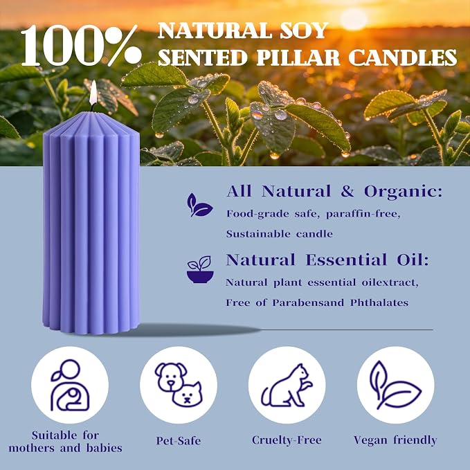 Ribbed Pillar Candles Set of 3, Width 3" High 4" 6" 8" Large Soy Wax Lavender Scented Modern Candles for Home Decor, Dinner Table, Living Room, Housewarming Gift