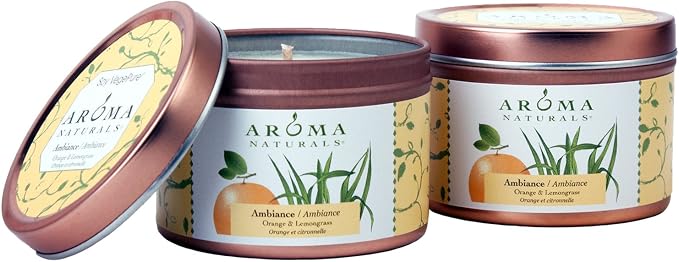 Aroma Naturals Tin Candle with Orange and Lemongrass Essential Oil Natural Soy Scented, Ambiance, 2 Count