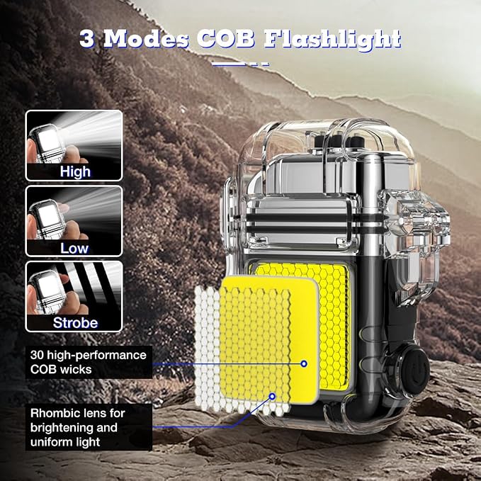 LcFun USB Rechargeable Electric Lighter, Windproof Plasma Dual Arc Lighters, Waterproof Flameless Lighter with Battery Display & Flashlight for Hiking, Camping Gear, Survival Kits