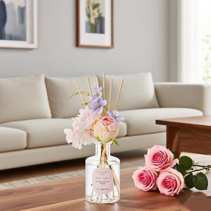 Premium Reéd Diffuser Set with Pink & Purple Flowers Reéd Diffuser Sticks Sandalwood Rose | 6.7oz Scent Fragrance Oil Diffuser for Bedroom Bathroom Home Shelf Décor