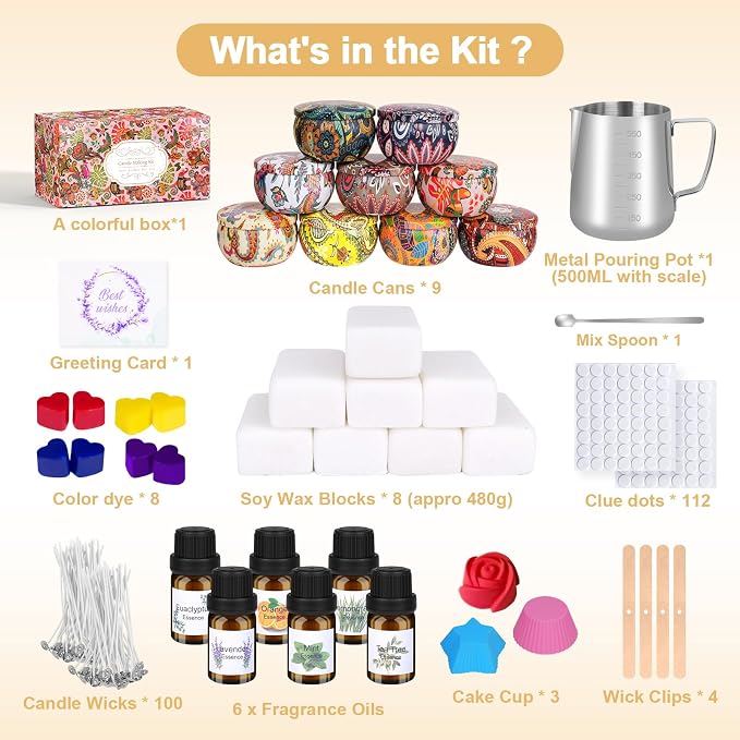 Trulloyoo Candle Making Kit for Adult, DIY Candle Making Supplies Include Soy Wax, Wicks, Candle Tins, Essential Oils, Dyes, DIY Arts & Crafts Gift, Beginners, Adults
