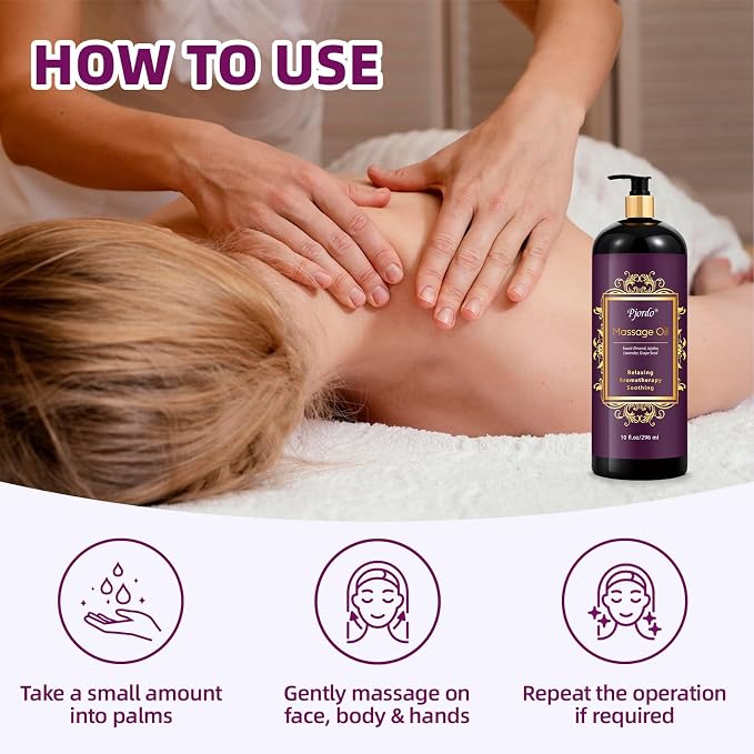 Pjordo Aromatherapy Lavender Massage Oil, 10 fl oz Relaxing Massage Oil for Massage Therapy with Grape Seed, Sweet Almond & Jojoba, Spa Quality Oils for Soothing, Calming
