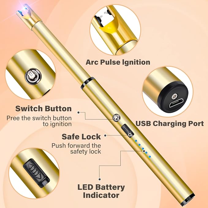 Electric Candle Lighter Windproof USB Rechargeable Flameless Long Neck Lighter for Candles Gas Stove Fireplace BBQ Kitchen Grills (Gold)