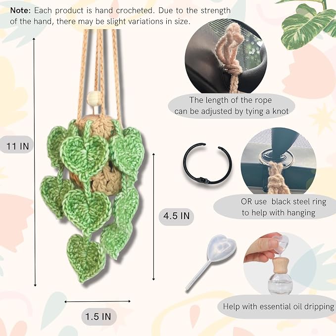 ROFIGL Handmade Crochet Hanging Car Air Freshener- Lifelike Green Pothos for Hanging with 12ml Thick Refillable Glass Diffuser Bottle, Suitable Decor for Car Rearview Mirror, Home & Wellness Spaces