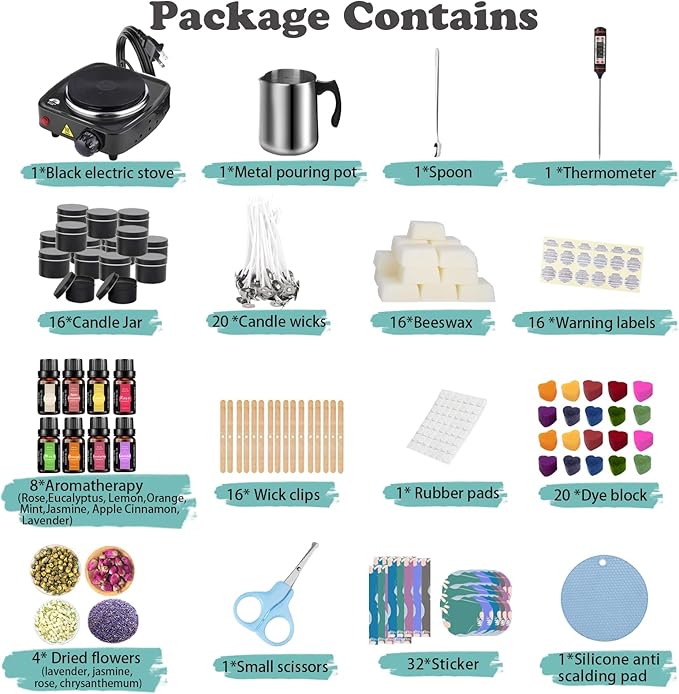 Complete Candle Making Kit With Wax Melter, Candle Making Supplies, DIY Arts&Crafts Kits Gift For Adults,Beginners,Including Bees Wax,500w Electric Stove,Wicks,Rich Scents,Wick Clips,Pouring Pot Etc.