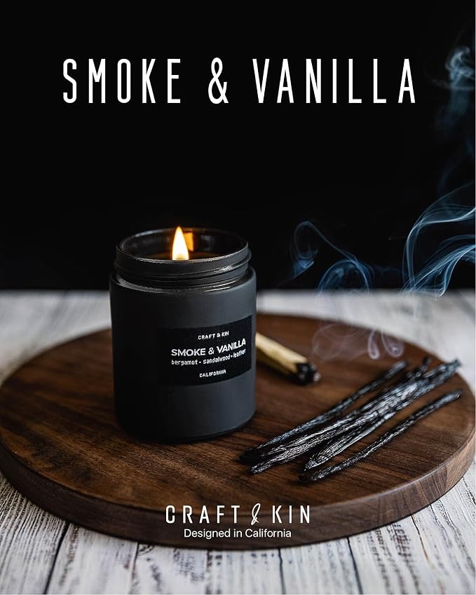 Craft & Kin Premium Smoke & Vanilla Scented Candle – Long Lasting, 45 Hour Burn Time – Luxury Black Natural Soy Scented Candle for Men with Wood Wick – Room Decor and Aromatherapy – 7.6 oz