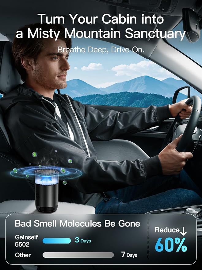 Smart Car Air Freshener Diffuser, Waterless Essential Oil Diffuser with 4 Modes, 4 Scent Refills, Auto On/Off, USB - C Rechargeable Wireless, Ambient Light for Home/Car Use (5502-Black)