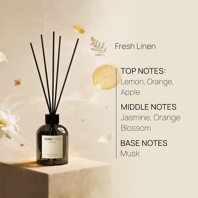 VINEVIDA Reed Diffuser Fresh Linen | Diffuser Reed for Home & Bathroom | Long-Lasting Scent Sticks Set | Oil Stick Diffuser | Bathroom Scent
