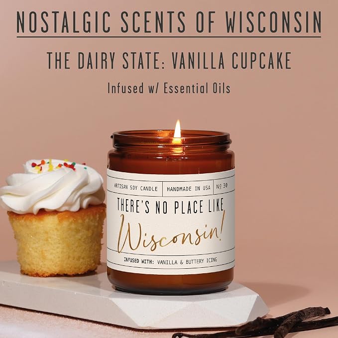 Wisconsin Gifts, Wisconsin Decor for Home - 'There's No Place Like Wisconsin Candle, w/Vanilla & Buttery Icing I Wisconsin Souvenirs I Wisconsin State Gifts I 9oz Jar, 50Hr Burn, USA Made