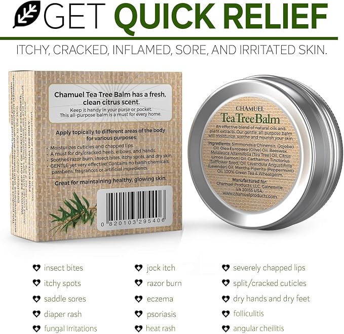 Chamuel Tea Tree Oil Balm – All Natural Moisturizing Cream for Dry Skin, Rough Hands, Cracked Heels, Cuticles & Feet – Hydrating Body Balm for Women & Men, 2-Pack