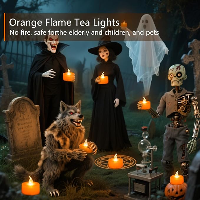 Tea Lights Battery Operated Candles LED Tea Lights Flameless Candles 200+ Hours Flickering Fake Tealights for Sweetest Day Wedding Home Decorations Party (Orange Base, 24 Pack)