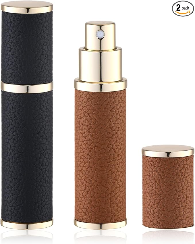 Fusupak Travel Perfume Bottle Refillable - Mini Portable Cologne Atomizer Sprayer - Empty Travel Size Fragrance Pump Dispenser Container for Men - 10ml Black Brown 2PCS Small Leather Refill Sample