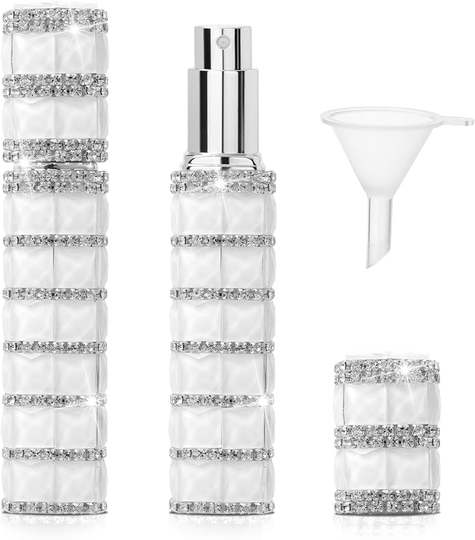 Travel Perfume Atomizer Refillable Bottle, 12ml Rhinestone Mini Perfume Bottles Empty Refillable Travel Atomizer Sprayer with Funnel (1Pc-White)