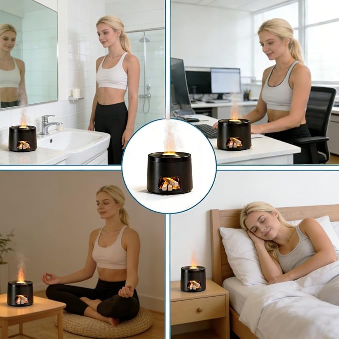 180ml Quiet Aromatherapy Diffuser, Ultrasonic Essential Oil Humidifier with Auto Shut-Off & 7-Color Flame Light for Home Bedroom Living Room Kitchen (Black)