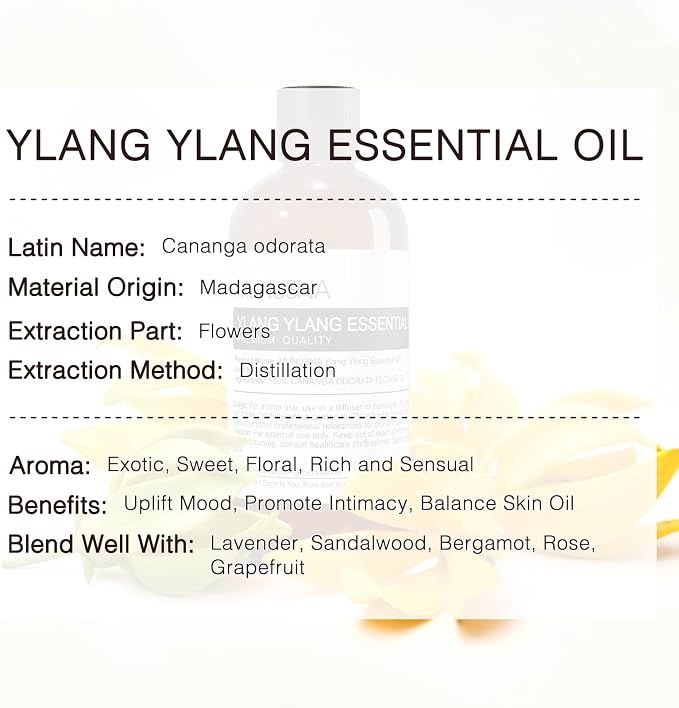 Ylang Ylang Essential Oil 100ML, 100% Pure and Natural Ylang Ylang Oils Aromatherapy Oil for Diffuser, Skin Hair Care, Massage, Yoga, Home, Soap and Candle Making