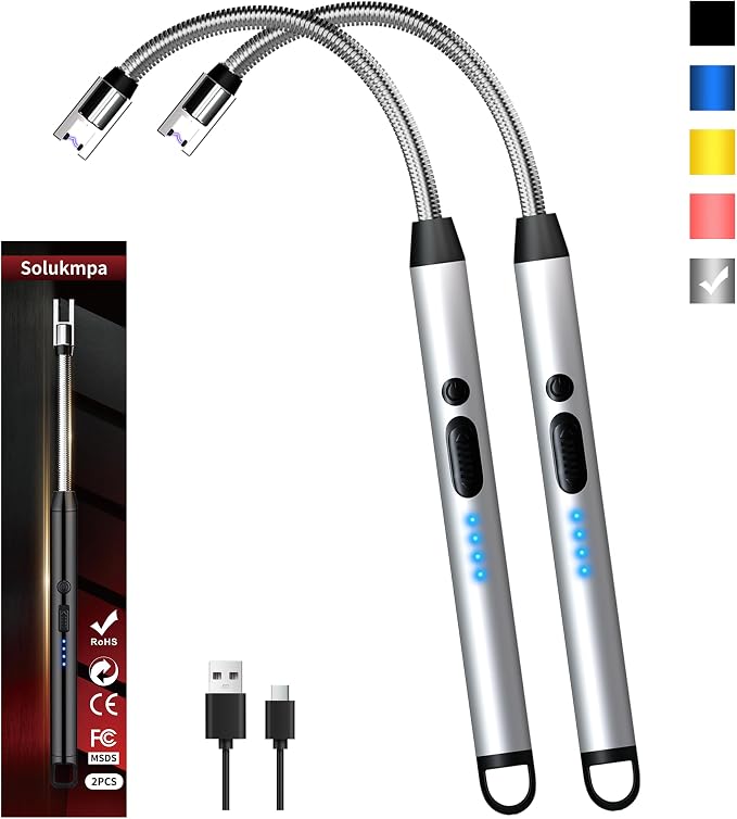 2 Pack Rechargeable Type C Electric Lighters, Flameless and Windproof Candle Lighters with Plasma Arc, 360° Long Reach Flexible Neck & LED Power Display for Candles, BBQ Grill &Camping(Silver) | Flameless, Windproof, Plasma Arc, 360° Long Reach Flexibl...