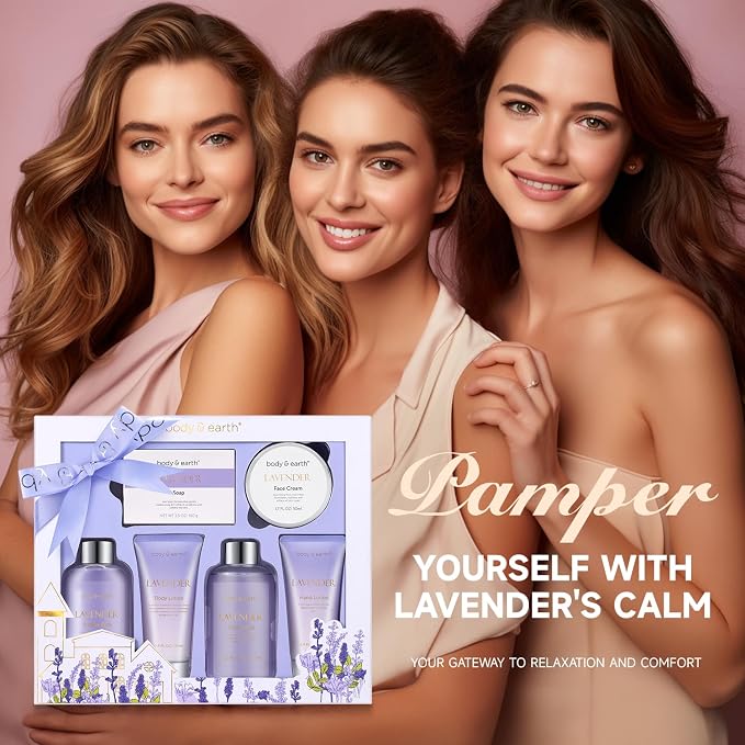 Spa Gifts for Women, Lavender Gift Set, Body & Earth 6 Pcs Bath Gift Sets, Self Care Kit, Birthday Relaxing Spa Set for Her Mothers Day Gifts for Mom