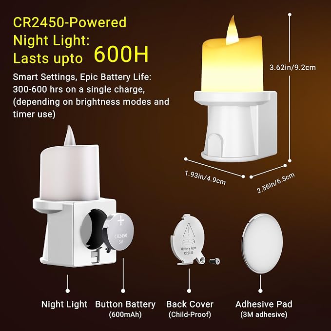 Flameless Candles Night Light with Flickering Flame, Battery Operated LED Night Light, Magnetic Attachment for Easy Placement, Realistic Candlelight for Home, Bathroom, Window Decor (White, 1 Pack)