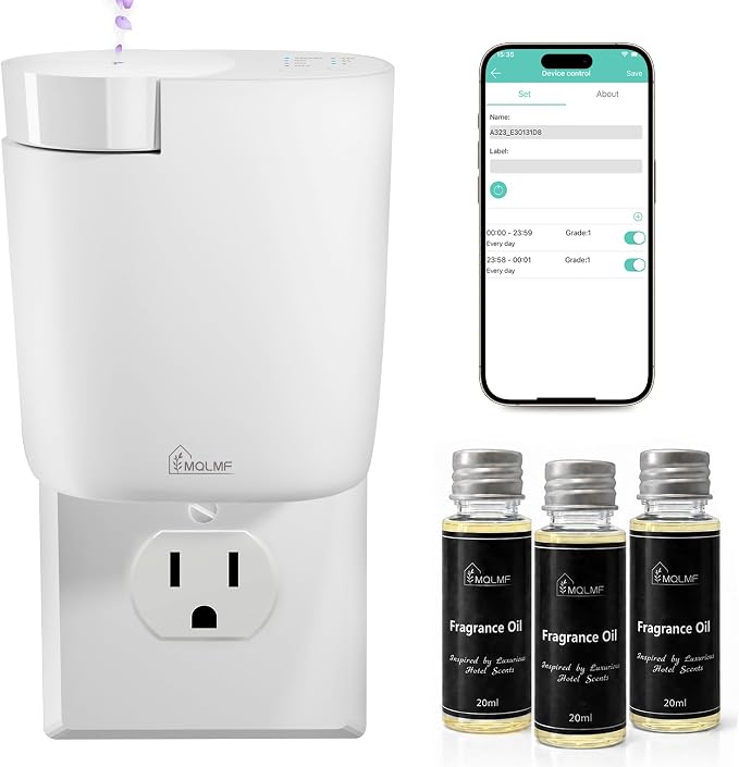 Waterless Plug in Diffuser, 800 Sq Ft, No Wobble Secure Wall Fit, Adjustable Timer & Scent Intensity,App Control,Essential Oil Plug in Wall Diffuser, Includes 3 x 20ml Fragrance Oils, White
