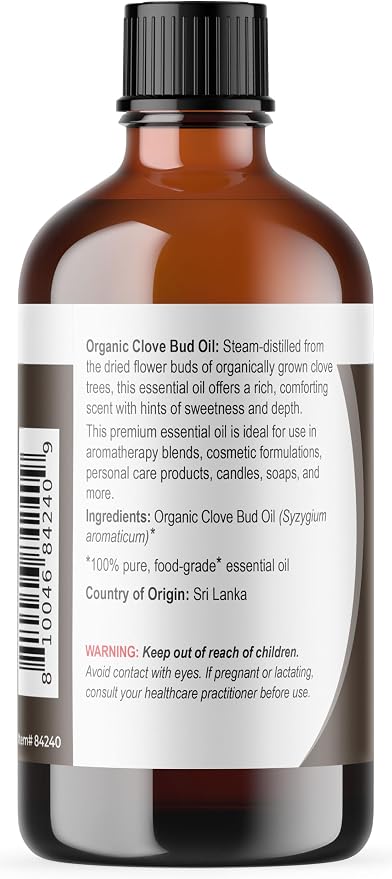 Viva Doria Clove Bud Essential Oil, USDA Certified Organic Clove Oil, 100% Pure, Natural Essential Oil, Undiluted, for Aromatherapy | Food Grade, 118 mL (4 Fluid Ounce)