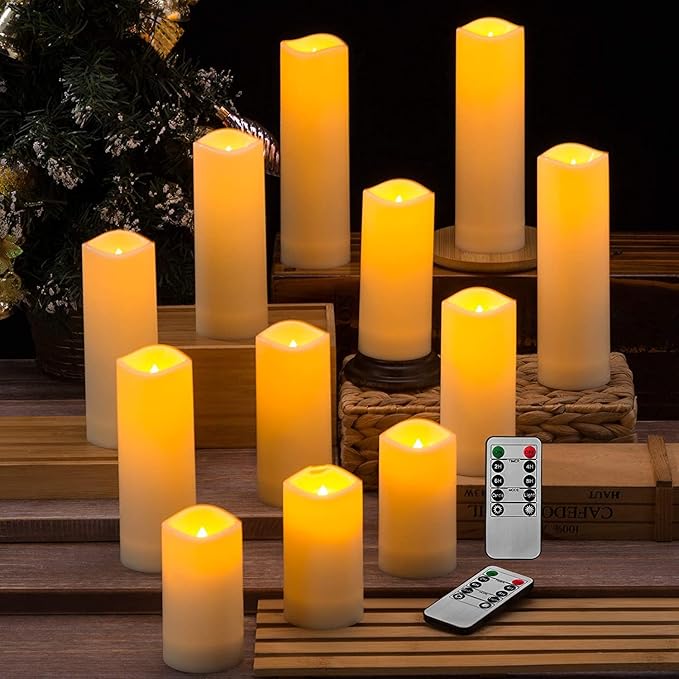 YOROXRG 12 Pack Flameless Candles Battery Operated Waterproof Led Candles (D:2.2" X H:4" 5" 6" 7") Candles with 2 Remotes Contro for Wedding, Party, Birthday