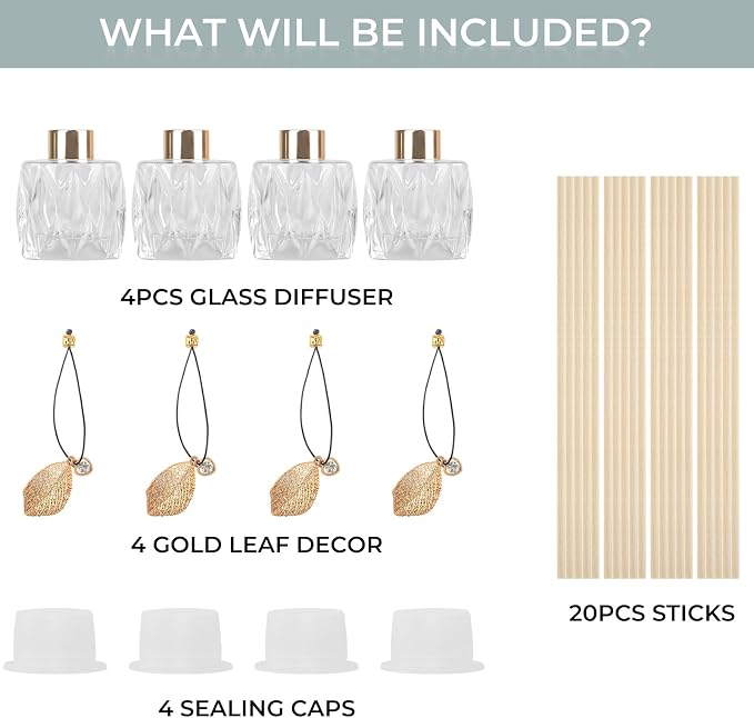 4Pcs Reed Diffuser Set with Metal Golden Decoration, 3.5oz Empty Reed Diffuser Bottles with 20Pcs Reed Diffuser Sticks, Unique Design Bottles for Home and Office(Prismatic)