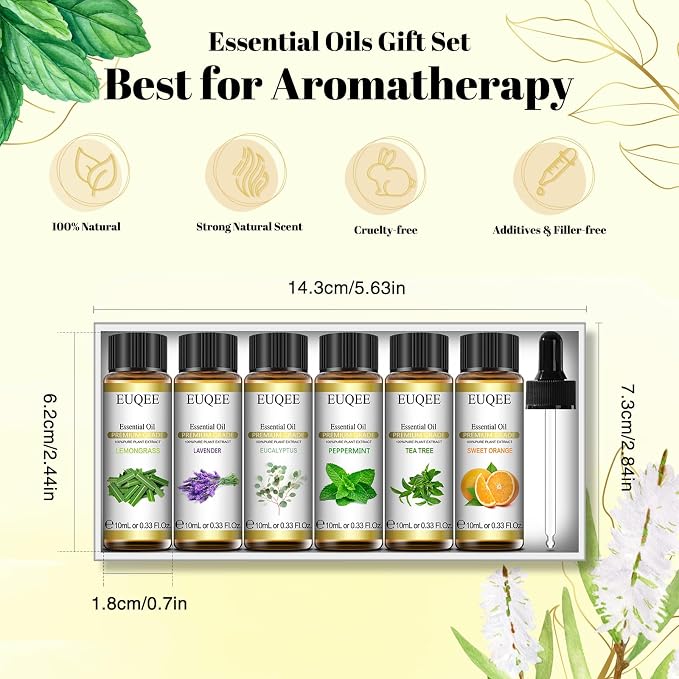 EUQEE 6 Pcs Pure Essential Oils Set, Premium Classic Scent Kit for Diffuser, Massage, Bath, DIY Crafts, Home Fragrance – Lavender, Eucalyptus, Peppermint, Tea Tree, Sweet Orange, Lemongrass