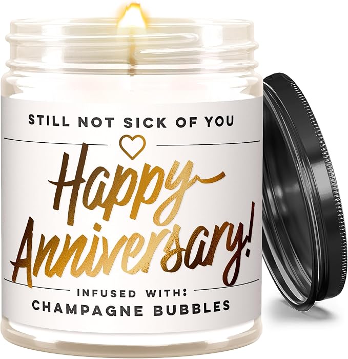 WAX & WIT Happy Anniversary Candle Gifts for Women - Smells Like Champagne Bubbles - Unique Wedding Happy for Couple, Her, Wife, Girlfriend, Friends - 9oz, 50 Hour Burn, Soy Wax
