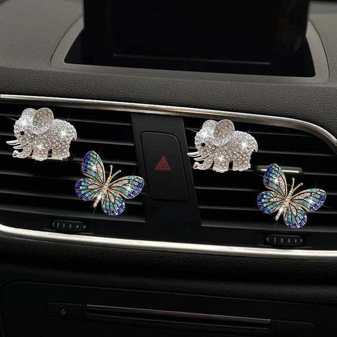 Bling Butterfly Air Vent Clips, 4 Pcs Crystal Elephant Air Fresheners, Diffuser Rhinestone Decoration Cute Interior Decor Accessories for Women