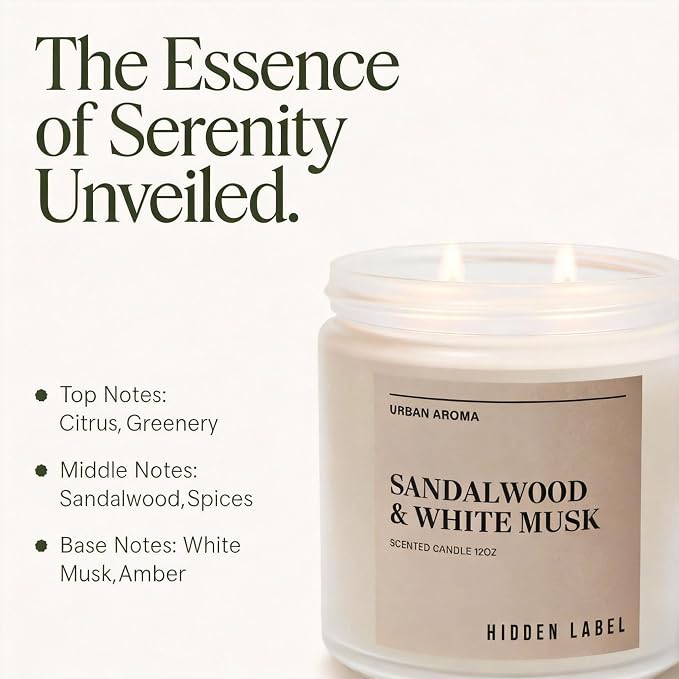 Hidden Label Sandalwood White Musk Soy Candle, 12oz 2-Wick, 70H Zen Calm | Non-Toxic Vegan Soy Wax | Sandalwood & White Musk Grounding Scent | Even Melt No Tunneling | Yoga Meditation Relaxation Gift