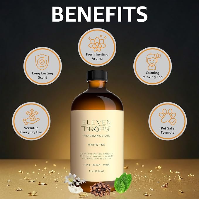 White Tea Fragrance Oil | Clove, Green & Musk Notes | Long Lasting Scent Reed Diffuser Oil for Home, Office, Hotel, Spa, Car & Linen Spray | Pet Friendly IFRA Compliant, 16 oz
