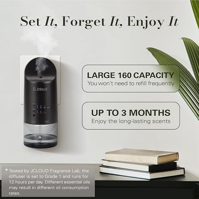 JCLOUD Plug in Diffuser for Essential Oils, Waterless Scent Diffuser Cover Up to 500 Sq. Ft. for Home, Office, Spa - Portable Wall Aromatherapy Device 160ML, Black