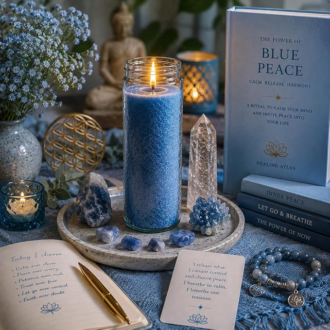 Blue Peace Manifestation Candle Kit – 8" Ritual Prayer Candle with Intention Scrolls, Pencil & QR Guide for Peace, Relaxation, Meditation & Emotional Balance