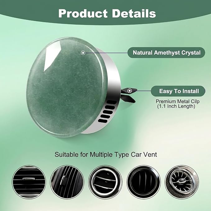 Car Vent Freshener Natural Green Aventurine Air Freshener Gift Box Scented Diffuser with 5 Unique Fragrances (Cologne, BlueBell, Bergamot, Rose, Tea Fragrance) -Long-Lasting Aromatherapy for Car