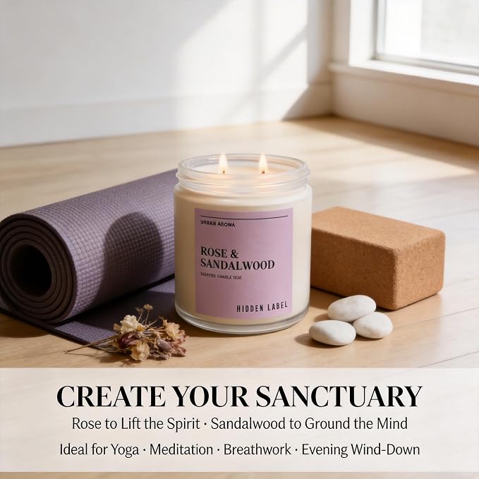Hidden Label Rose Sandalwood Soy Candle, 12oz 2-Wick, 70H Floral Warmth | Non-Toxic Natural Wax, Paraben & Phthalate-Free, Clean Burn | Elegant Decor & Gift-Ready | Stress Relief & Grounding Calm