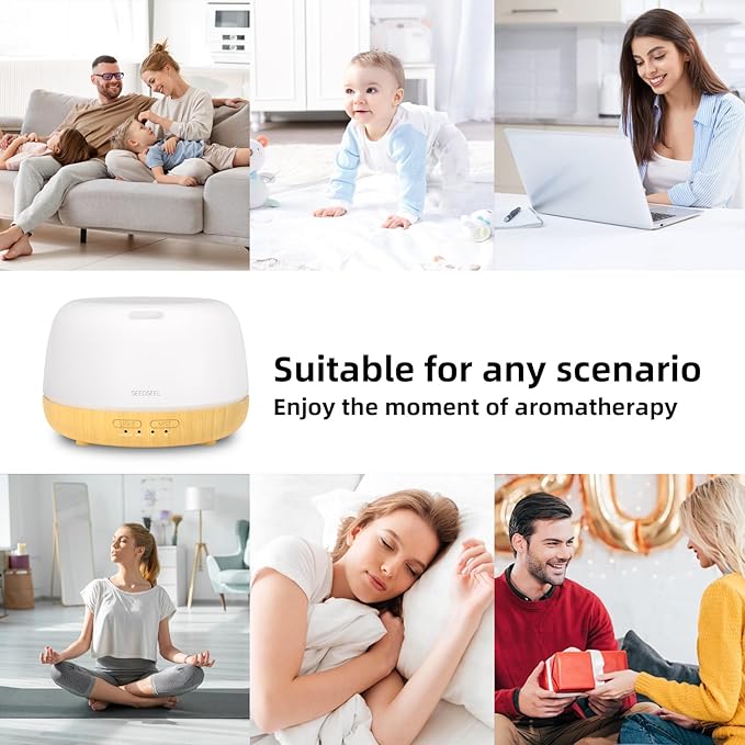 SEEDSEEL 300ML Essential Oil Diffuser,Quiet 8 Hours Operation, 7-Color LED Light, 4 Timer, Remote Control, Aromatherapy Diffuser Auto-Off, for Bedroom, Living Room, Office, Home
