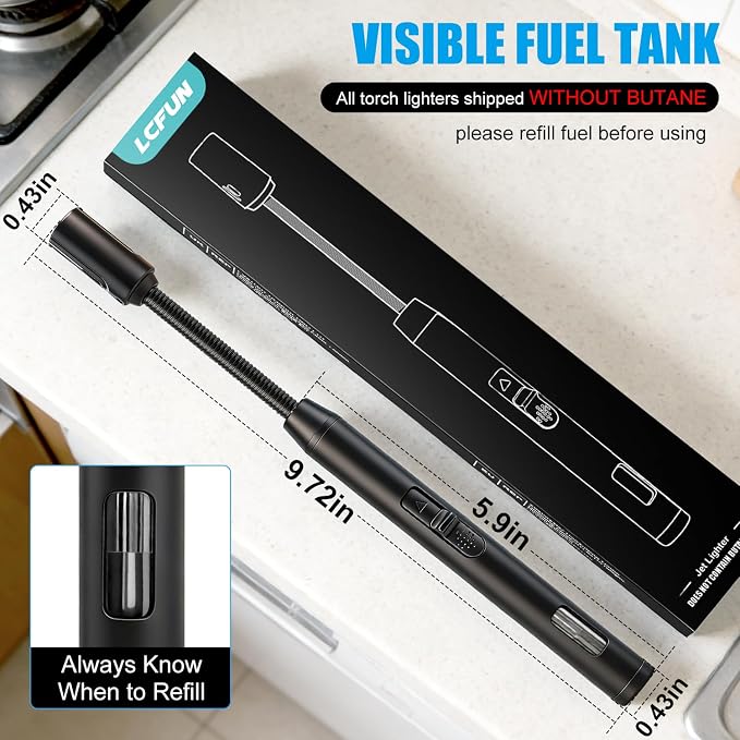 LcFun Torch Lighter Refillable Butane Lighters Long Stem with Flexible Neck and Visible Fuel Tank, Windproof Jet Flame Long Matches for Candles Grill Fireplace Kitchen Camping (Butane Not Included)