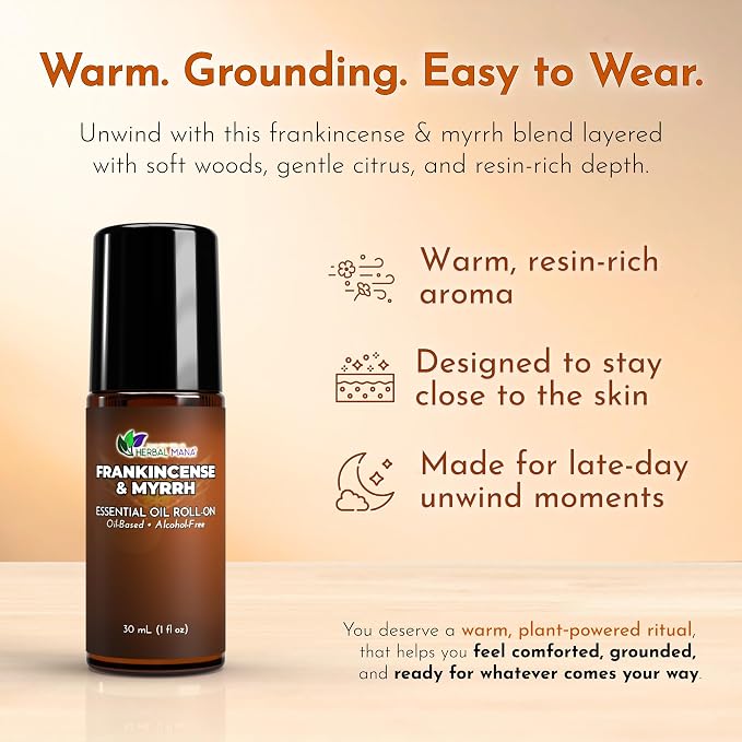 Frankincense & Myrrh Essential Oil Roll-On, 30 mL (1 fl oz) – Pre-Diluted Aromatherapy Rollerball in Fractionated Coconut Oil (FCO) – Alcohol-Free Pulse Point Oil Roller