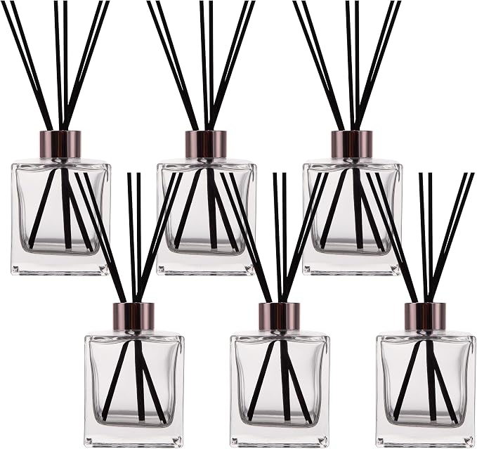 6 Pack Perfume Reed Diffuser Bottle,Empty Square Essential Oil Bottles Glass Jar with Black Sticks for DIY Fragrance Replacement Diffuser Sets (200ml/6.8 oz, Transparent Color)