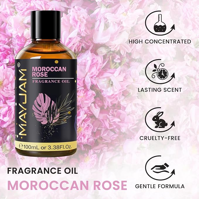 Moroccan Rose Fragrance Oil Essential Oil, MAYJAM 3.38FL.OZ Moroccan Rose Oil for Diffusers for Home, Long Lasting Scented Oils for Soap Candle Making - 100ML