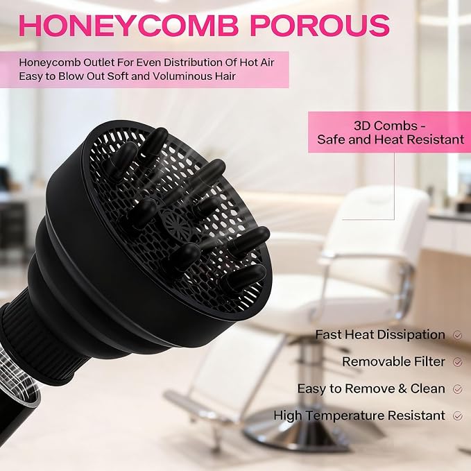Universal Silicone Hair Dryer Diffuser Attachment, Collapsible & Portable Blow Hair Diffuser for Curly/Wavy Hair Travel Use, Lightweight Folding Fits 1.57-1.99" Nozzles for Salon Home (Black)