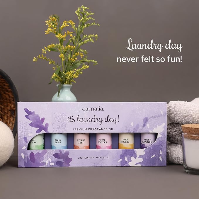 Carnatia Laundry Day Fragrance Oil Set – 6 Fresh & Clean Scents for Laundry, Linens & Home | Aromatherapy Oils for Dryer Balls, Diffusers & Room Freshening