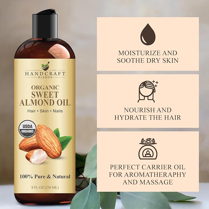 Handcraft Blends Organic Sweet Almond Oil | 100% Pure and Natural | Bath & Body Oil | Premium Grade Carrier Oil | Skin | Hair | Body | Massage | Hexane-Free | 8 Fl Oz