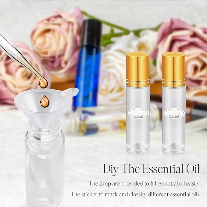 10ml Roller Bottles for Essential Oils, 4 Pack Glass Roll on Bottles, Refillable Perfume Bottle, with Stainless Steel Roller Balls, 2 Droppers, 1 Opener, Labels (Clear)